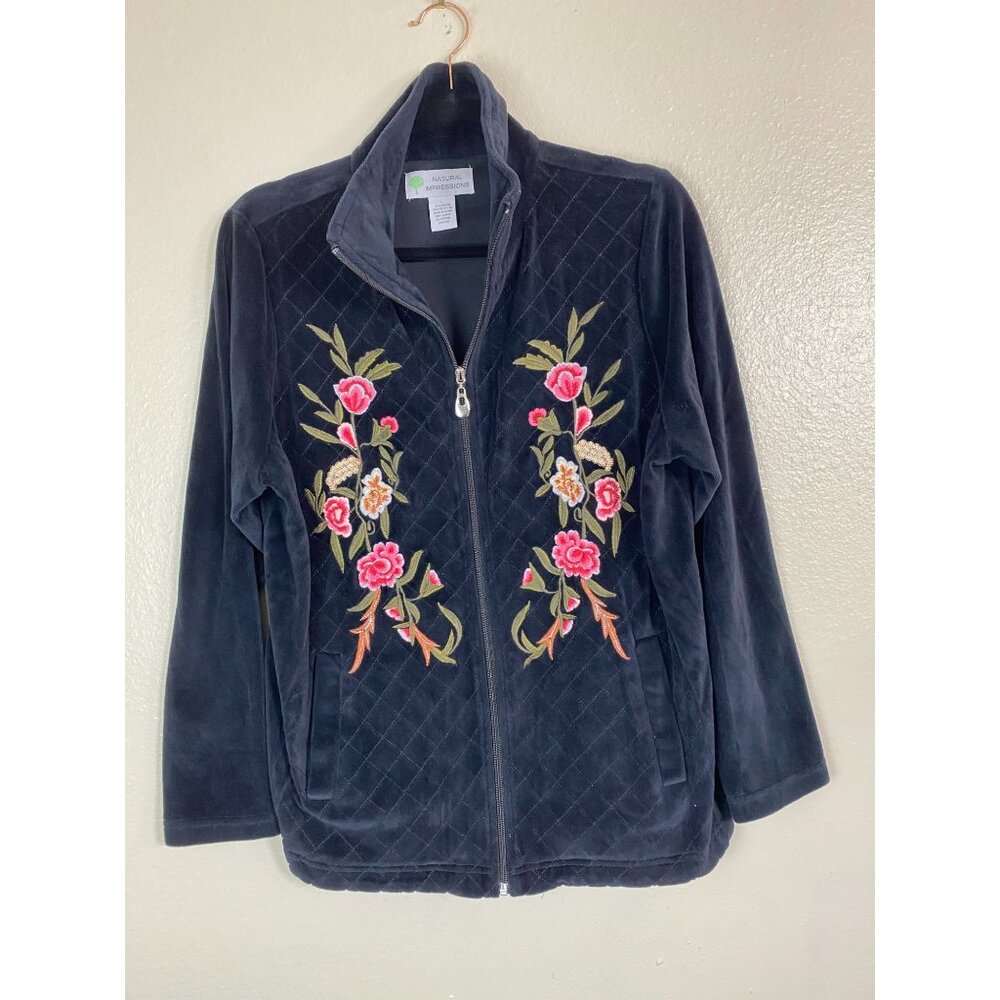 Natural Impressions Black Velour‎ Quilted Floral Embroidered Jacket sz Large Zip